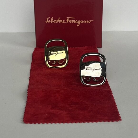 Salvatore Ferragamo 2-Piece Vara Scarf Rings Gold & Silver NWOT - Picture 1 of 7